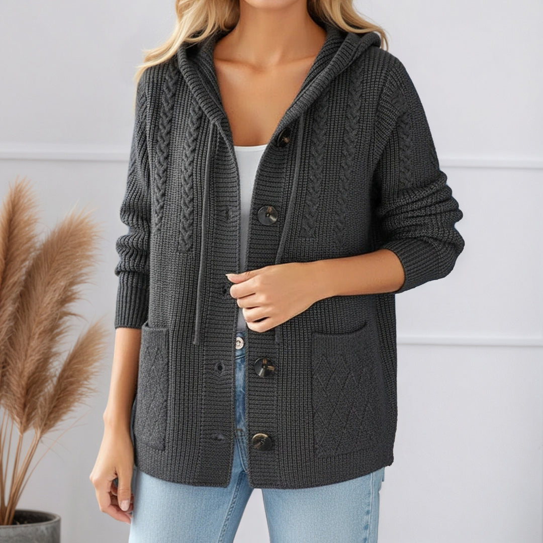 Damen nan gerippter Kapuzen-Strickcardigan mit Zopfmuster, großen Holzknöpfen und aufgesetzten Taschen Echo Archiv