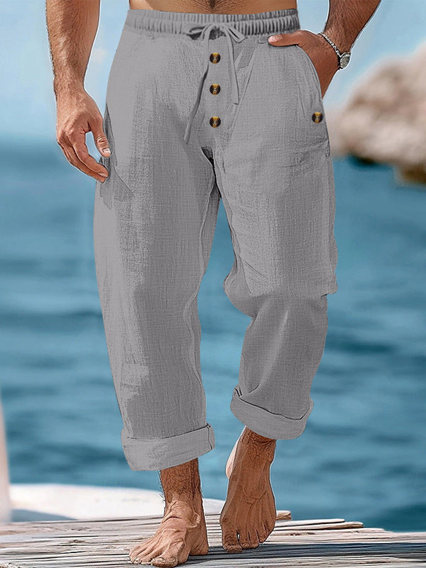 Herren lässige Leinenhose mit verstellbarem Bund und funktionalen Taschen Echoarchiv