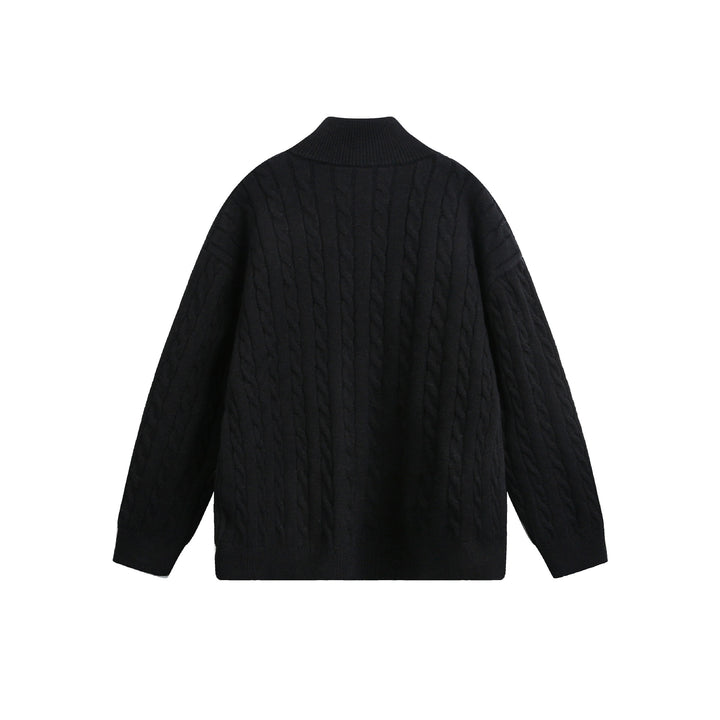 Unisex Grobstrick-Pullover mit Zopfmuster, hohem Stehkragen und Zwei-Wege-Reißverschluss Echoarchiv