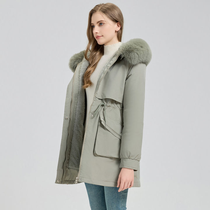 Damen Midilanger Thermoparka mit Teddy-Innenfutter, abnehmbarem Kunstpelzkragen und Taillenregulierung Echo Archiv