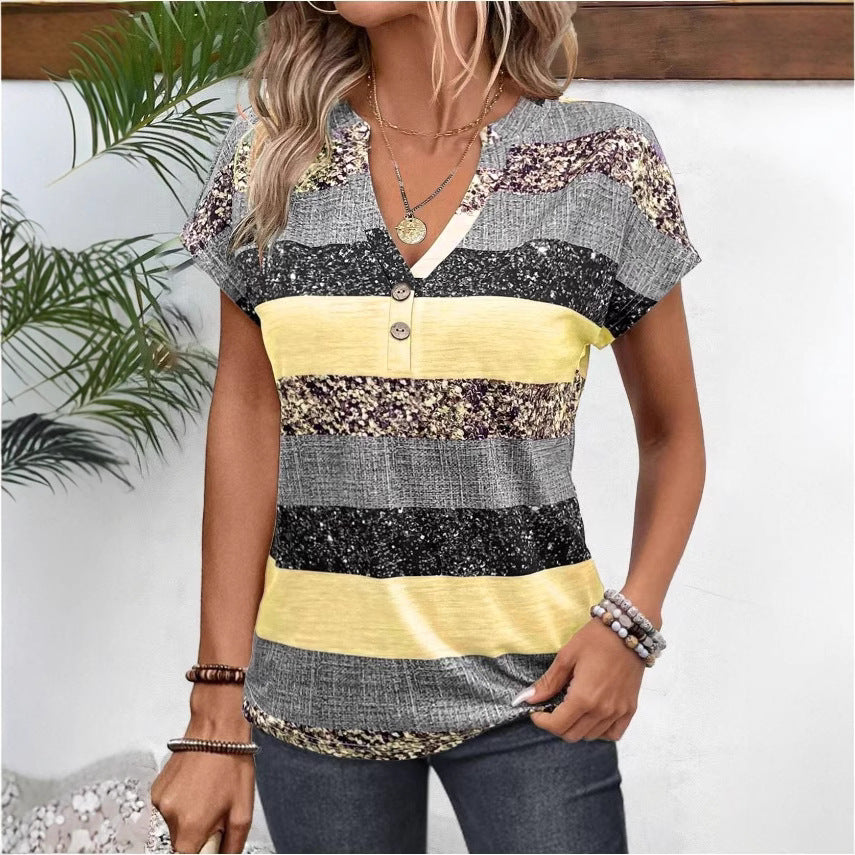 Damen nan lockeres Kurzarm-Tunika-Oberteil mit V-Ausschnitt Zierknopfleiste und abgerundetem Saum Echo Archiv