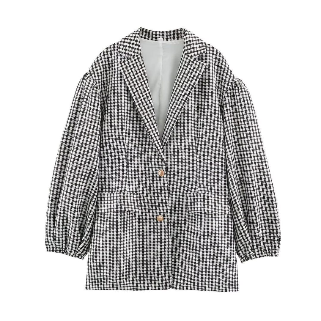 Damen Oversize-Blazer im Hahnentritt‑Muster mit Ballonärmeln und Pattentaschen Echoarchiv