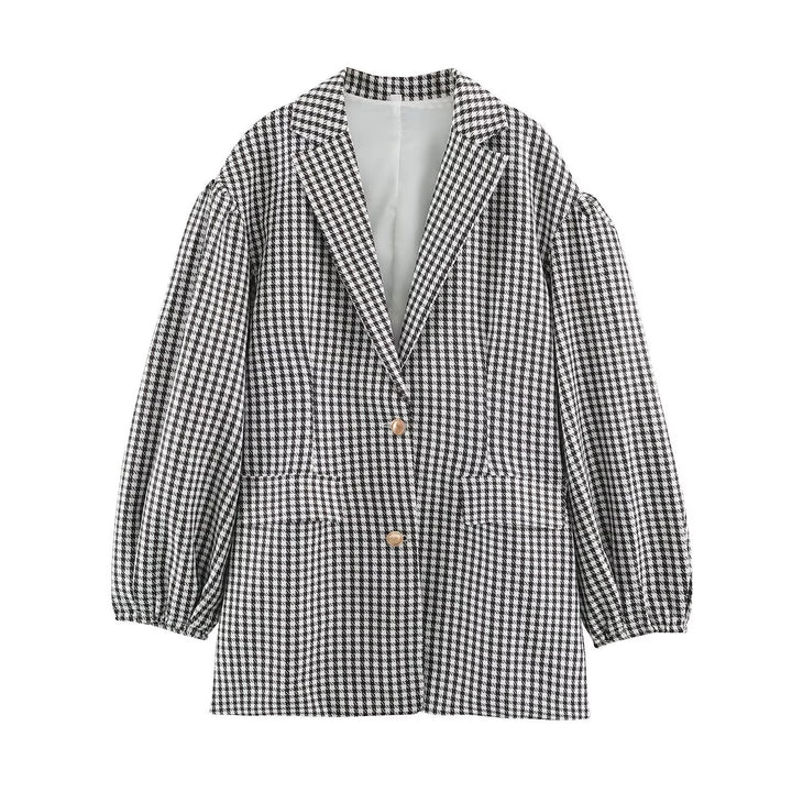 Damen Oversize-Blazer im Hahnentritt‑Muster mit Ballonärmeln und Pattentaschen Echoarchiv
