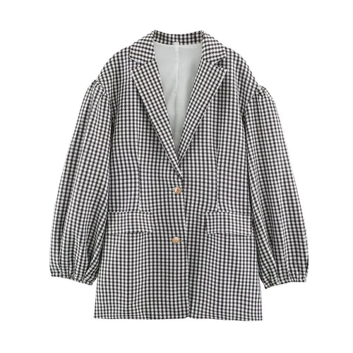 Damen Oversize-Blazer im Hahnentritt‑Muster mit Ballonärmeln und Pattentaschen Echoarchiv