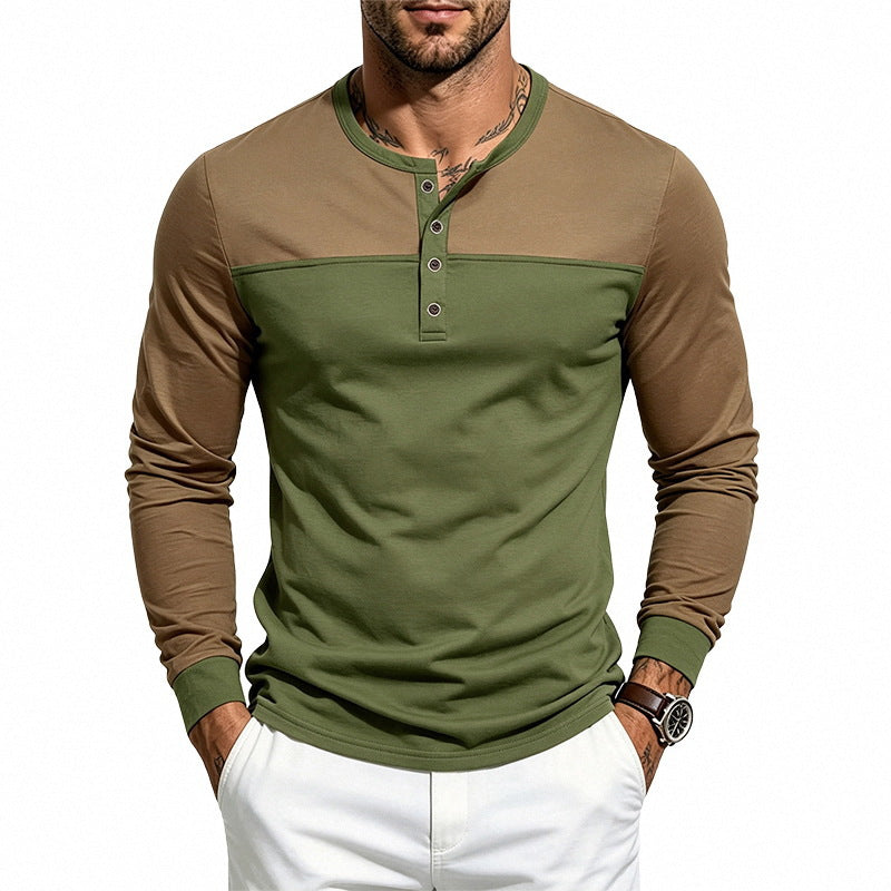 Herren Slim-Fit Henley-Langarmshirt mit Kontrastpaneel und Metallknopfleiste – Arvello