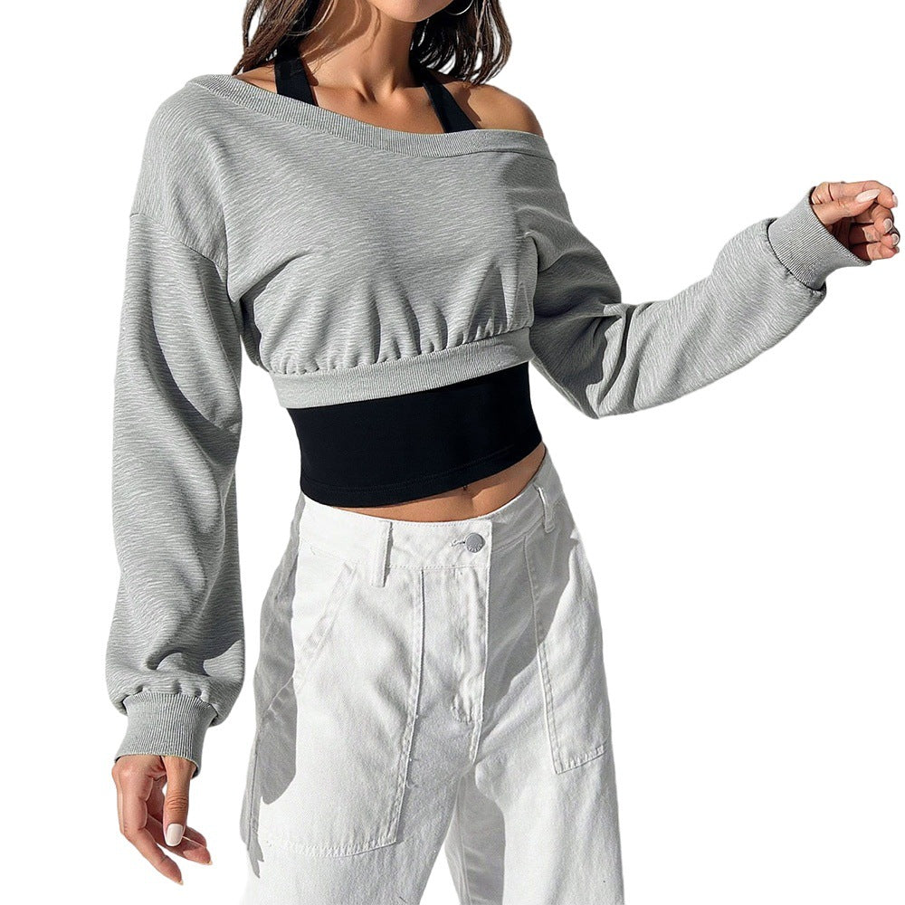 Damen cropped Sweatshirt mit weitem Carmen‑Ausschnitt, ballonärmeln und gerafftem Bund – Avérine