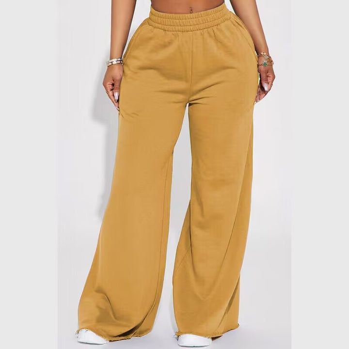 Damen weite Highwaist Palazzo-Loungehose mit doppelt gerafftem Komfortbund und fließender Wide‑Leg-Silhouette – Avélisse
