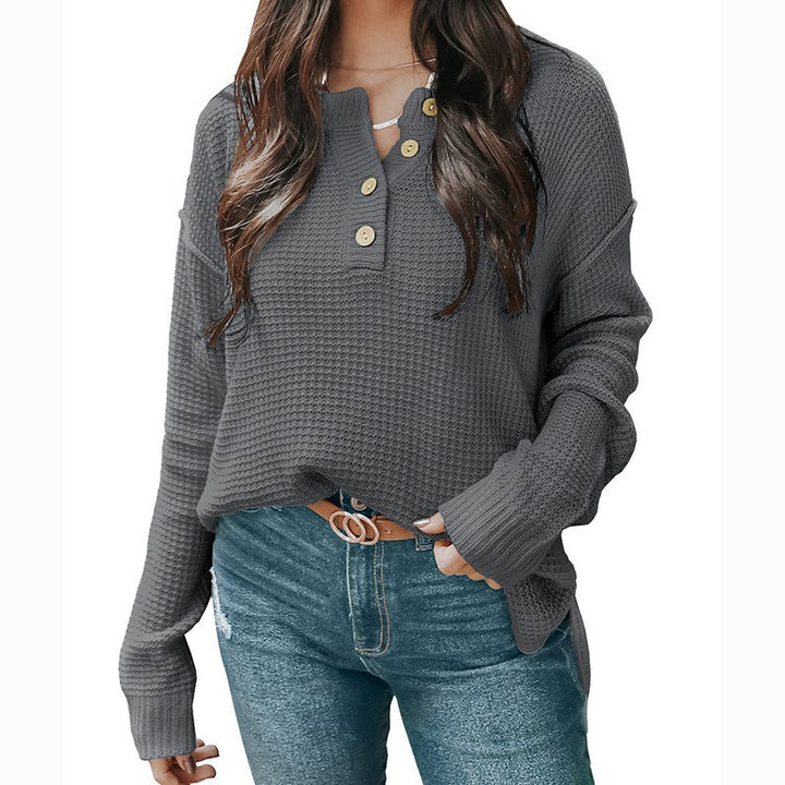 Damen nan lockerer Waffelstruktur Henley Pullover mit Knopfleiste und überschnittener Schulter Echo Archiv