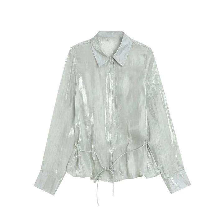 Damen Glänzende Bluse mit Tunnelzugsaum und Hemdkragen Echo Archiv