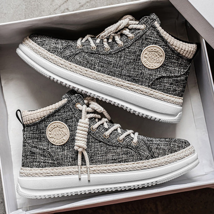 Damen hohe Freizeit‑Sneaker mit meliertem Textilobermaterial, geflochtener Jute‑Zierkante und gedämpfter Plateau‑Sohle Echo Archiv