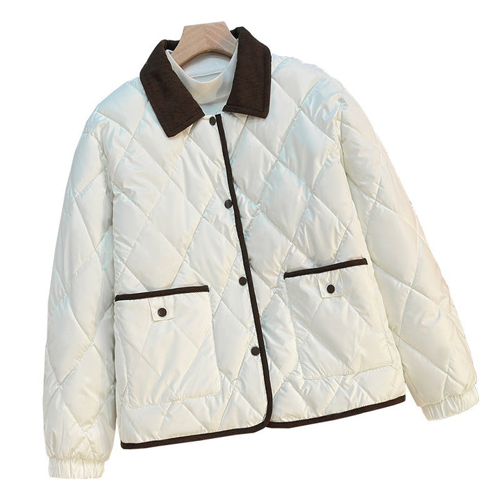 Damen karierter Thermo-Quiltblazer mit Cordkragen und aufgesetzten Druckknopf-Pattentaschen – Célinea