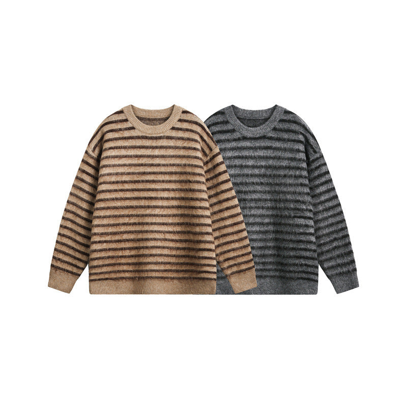 Unisex Oversize Gestreifter Flauschpullover mit Rundhalsausschnitt Echoarchiv