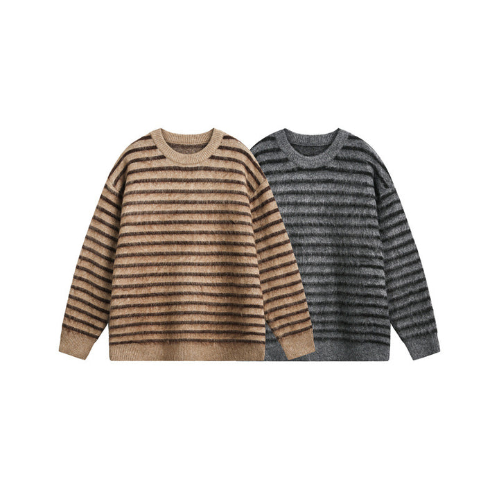 Unisex Oversize Gestreifter Flauschpullover mit Rundhalsausschnitt Echoarchiv