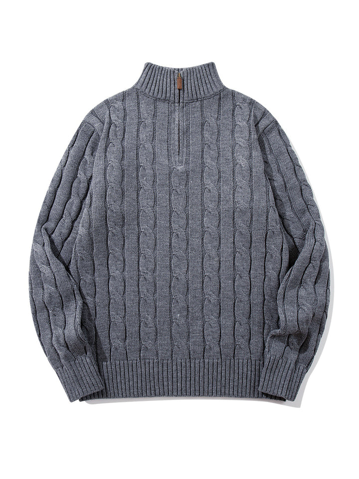 Unisex Zopfmuster-Halbzip-Pullover mit hohem Rippkragen und Oversize-Schnitt Echoarchiv