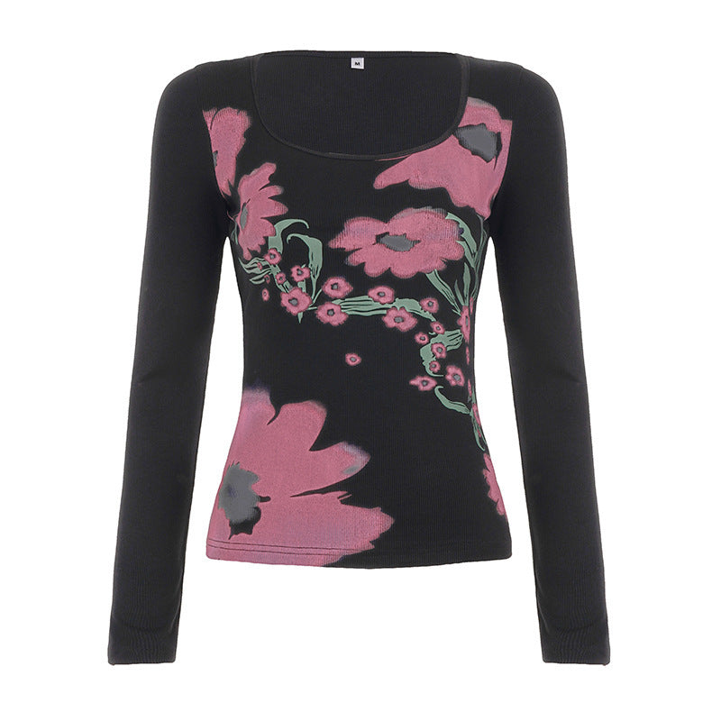 Damen Figurnahes Ripp-Langarmshirt mit U-Boot-Ausschnitt und abstraktem Blumenprint – Avérine
