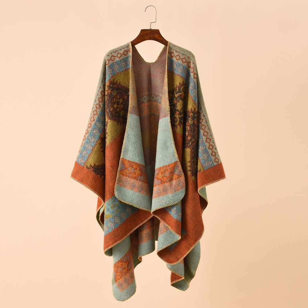 Damen Jacquard-Poncho-Cape mit Ethno-Muster und Wollmix Echo Archiv