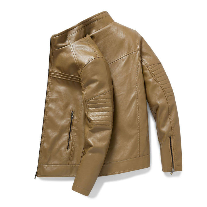 Herren Slim-Fit Kunstleder-Motojacke mit Stehkragen und gesteppter Ärmelpasse Echoarchiv
