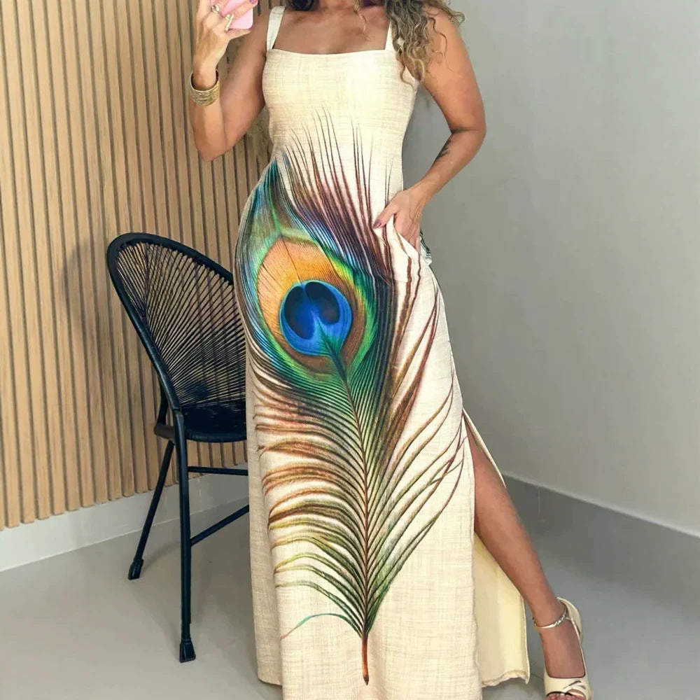 Damen Maxikleid mit grafischem Pfauenfeder-Druck und praktischen Seitentaschen Echo Archiv