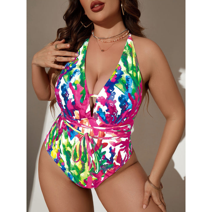 Damen Einteiler Badeanzug mit floralem Wickeldesign und verstellbarem Bindeband Echo Archiv