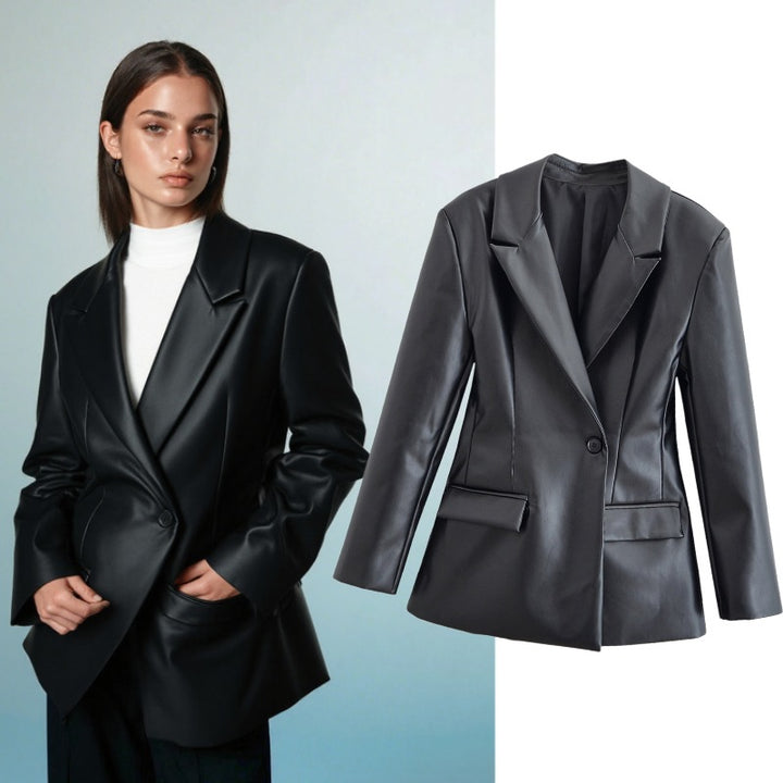 Damen Taillierter Longline-Kunstlederblazer mit Ein-Knopf-Verschluss und Pattentaschen Echo Archiv