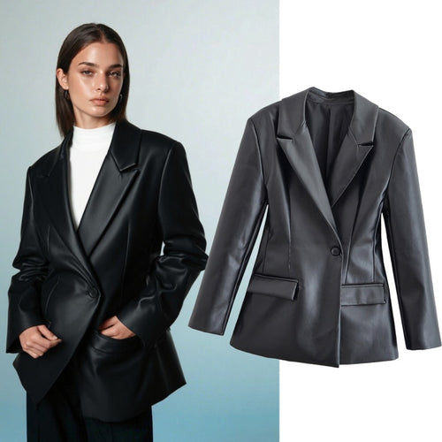 Damen Taillierter Longline-Kunstlederblazer mit Ein-Knopf-Verschluss und Pattentaschen Echo Archiv