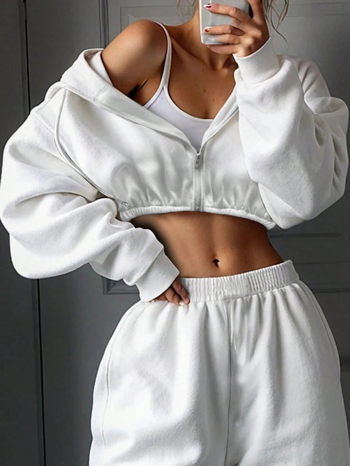 Damen nan kurzes Zip-Hoodie Cropped Sweatshirt mit Kordelzug, angesetzten Ballonärmeln und elastischem Saum Echo Archiv
