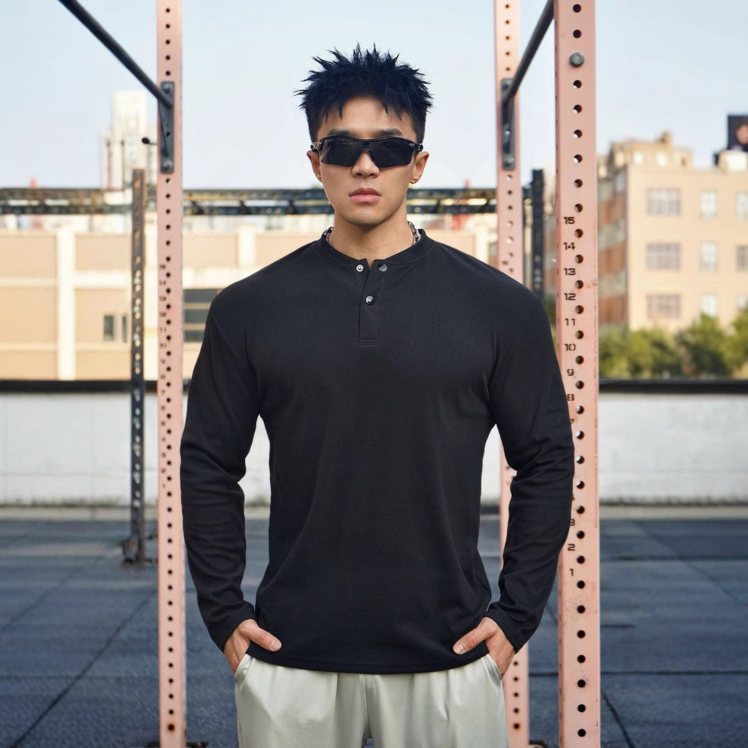 Herren Langarm Henley-Shirt aus atmungsaktivem Material mit knöpfbarem Ausschnitt Echoarchiv