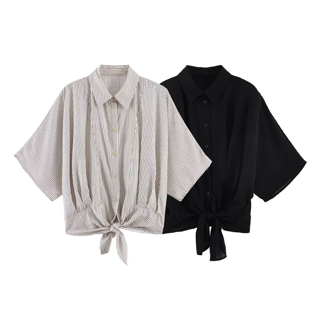 Damen Gestreifte Oversize-Bluse mit Kimonoärmeln und Knotenfront Echo Archiv