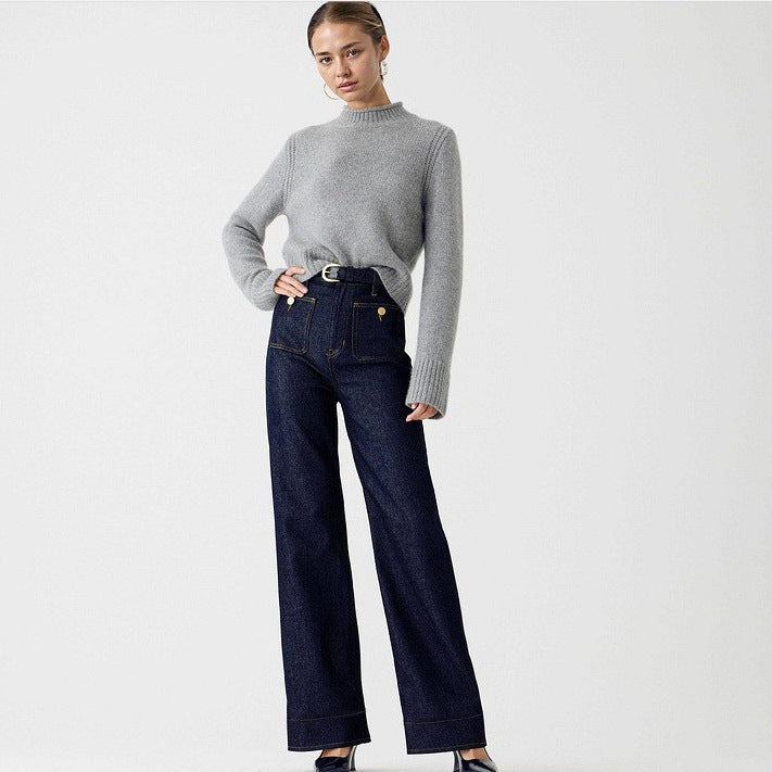 Damen nan High-Waist Wide-Leg-Jeans mit aufgesetzten Fronttaschen und weitem Bein Echo Archiv