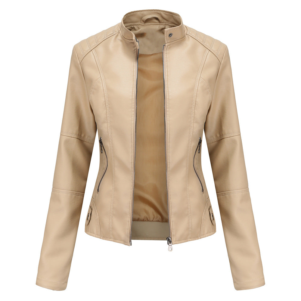 Damen nan schlanke Kunstlederjacke im Bikerstil mit Stehkragen und formenden Abnähern Echo Archiv