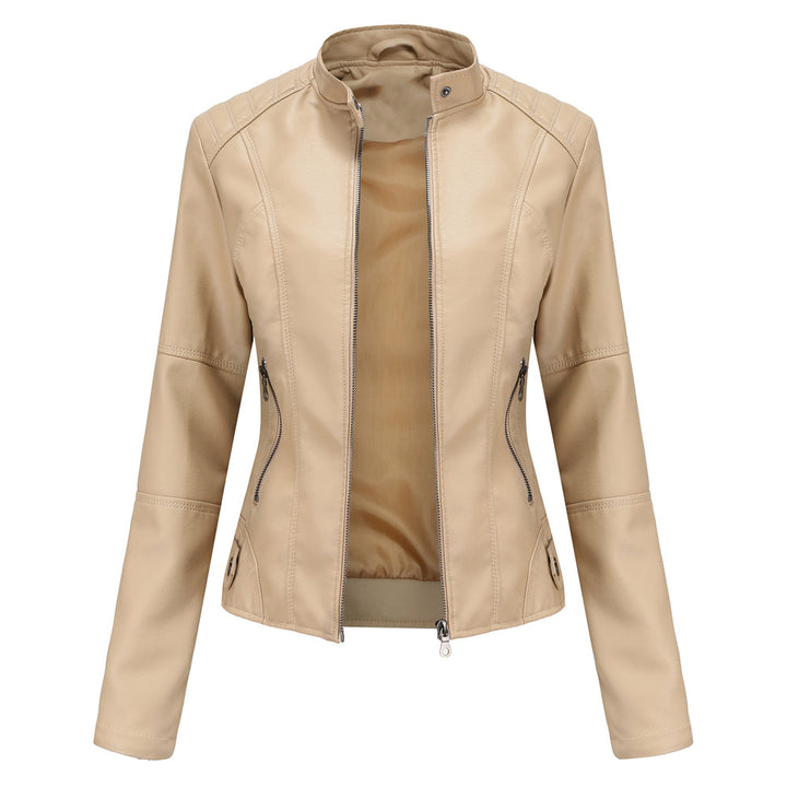 Damen nan schlanke Kunstlederjacke im Bikerstil mit Stehkragen und formenden Abnähern Echo Archiv