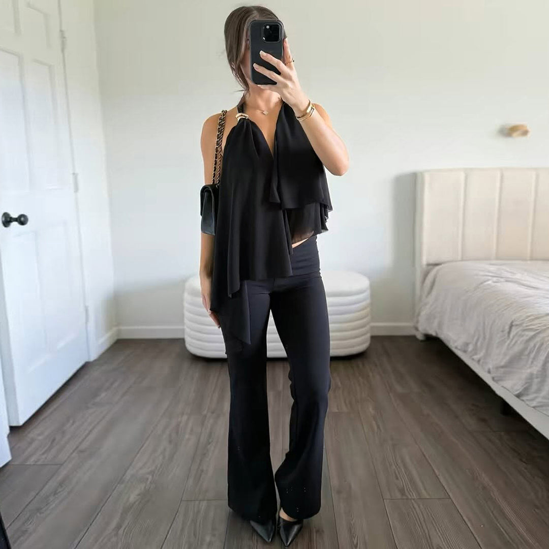 Damen Fließendes Chiffon-Oberteil mit elegantem V-Ausschnitt und Raffungen Echo Archiv