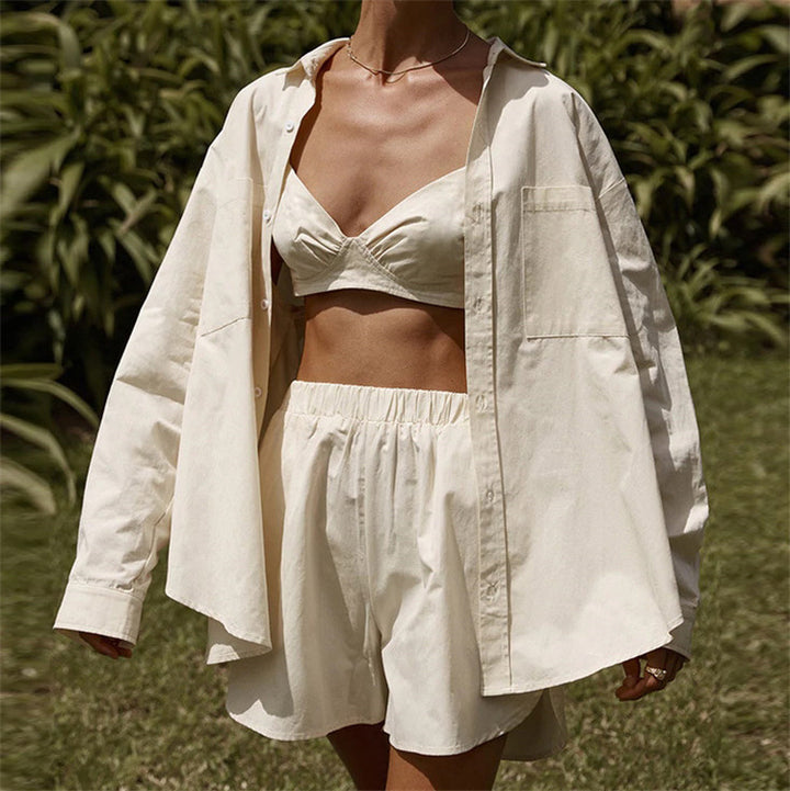 Damen nan Oversized Leinen-Hemd mit elastischem Bund Shorts Set Echo Archiv