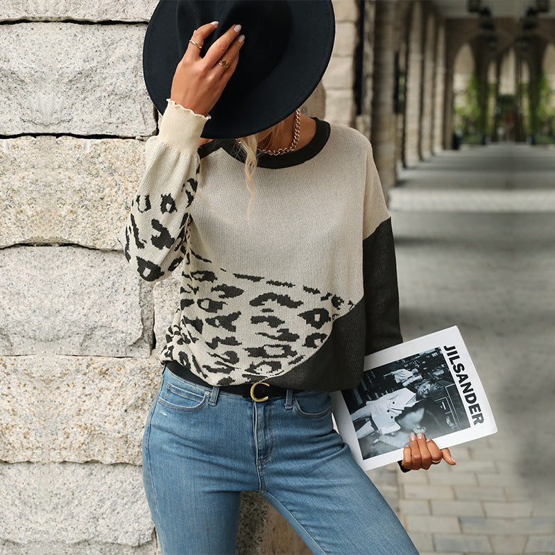 Damen Colorblock-Strickpullover mit Leoprint und Rundhalsausschnitt – Mavelle