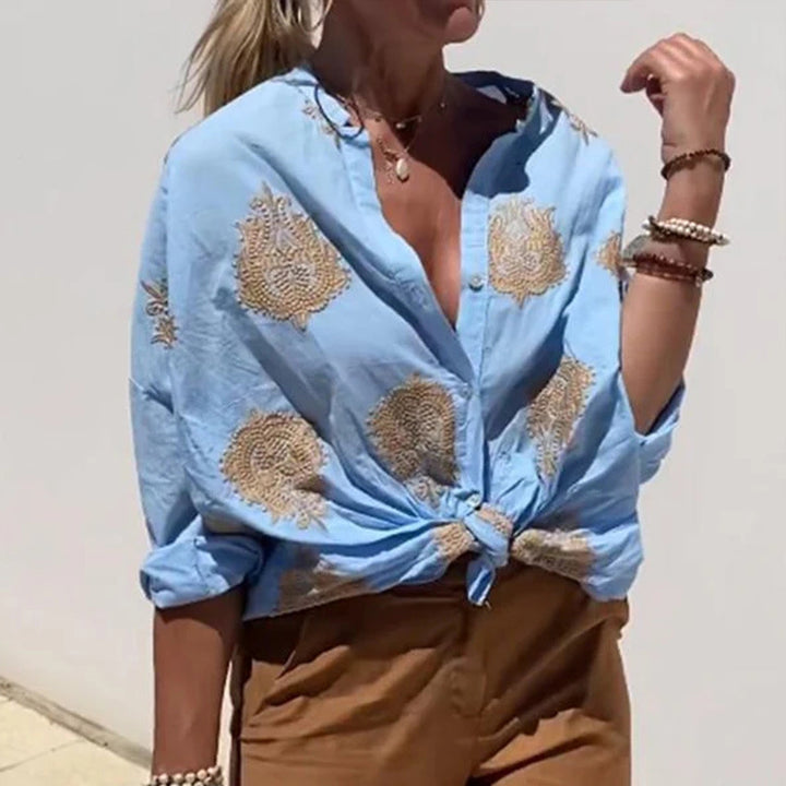 Damen Boho Leinen Bluse mit Perlenstickerei und Knotenband Echoarchiv