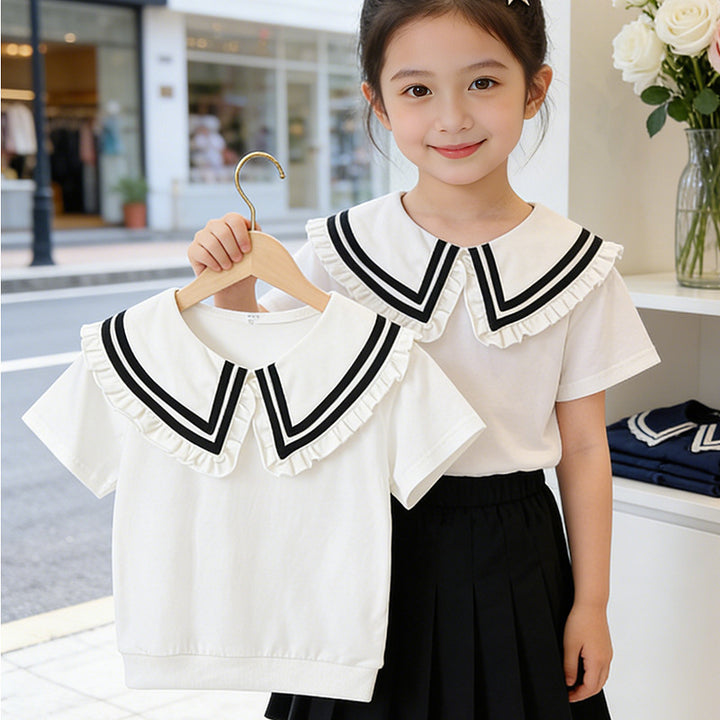 Mädchen T-Shirt mit elegantem Rüschenkragen und maritimem Streifen Echo Archiv