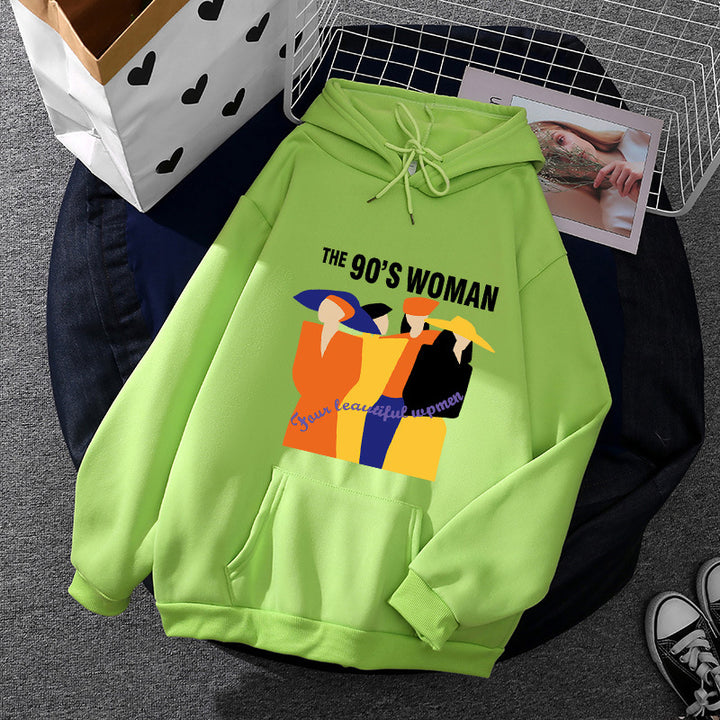 Damen weit geschnittener Kapuzenpullover mit Neunzigerjahre-Illustrationsprint, angerautem Fleece und Kängurutasche – Auréline