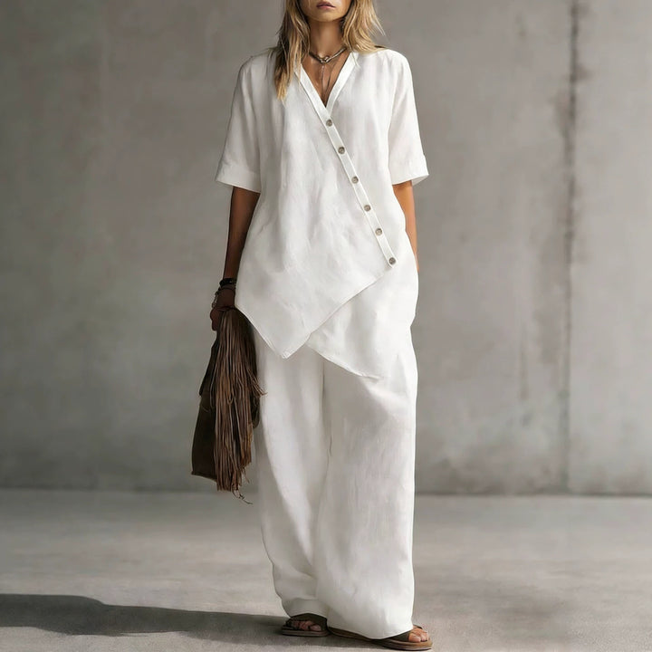 Damen Leinen-Zweiteiler mit asymmetrischer Knopfleiste und weiter Palazzo-Hose – Élanora