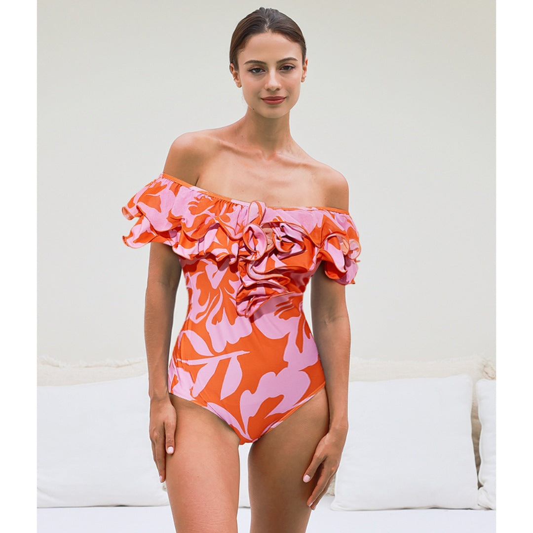 Damen Einteiliger Badeanzug mit eleganten Rüschendetails Echo Archiv