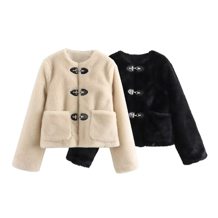 Damen Kurze Teddyjacke mit Knebelverschluss und aufgesetzten Taschen Echoarchiv