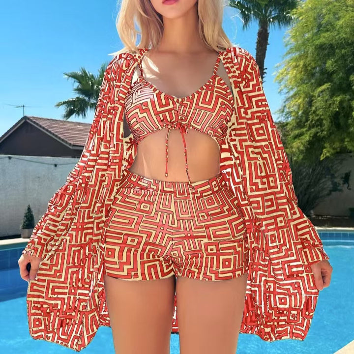 Damen modisches Bikini-Set mit geometrischen Mustern und transparenter Strandjacke Echo Archiv