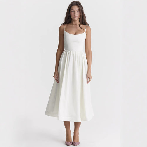 Damen elegantes Midikleid mit Spaghetti-Trägern und fließendem Rock Echo Archiv