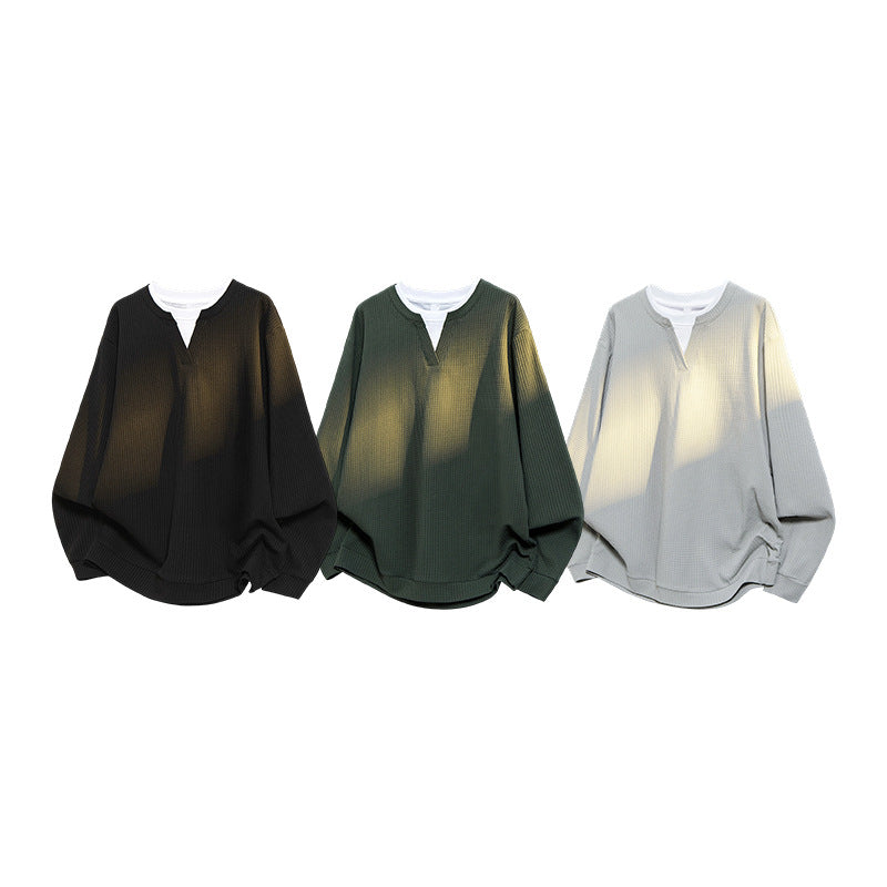 Herren Oversize Waffelstruktur-Langarmshirt mit V‑Einsatz und Layering-Optik Echo Archiv