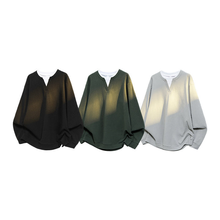 Herren Oversize Waffelstruktur-Langarmshirt mit V‑Einsatz und Layering-Optik Echo Archiv