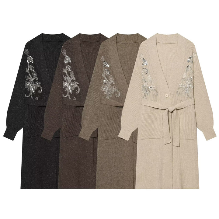 Damen langer Strickcardigan mit Taillengürtel und Paillettenstickerei Echo Archiv