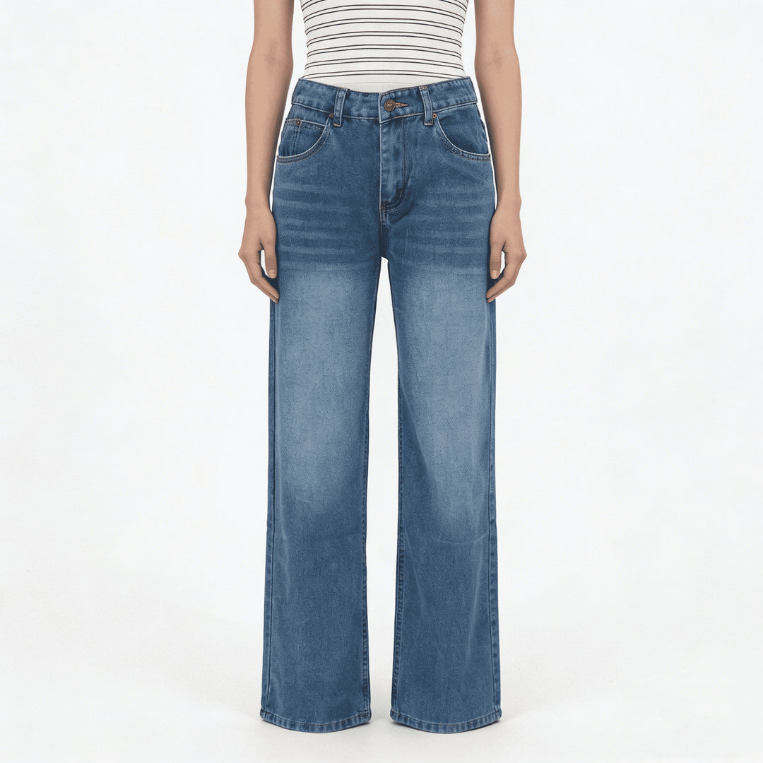 Damen nan hochgeschnittene Weitbein-Jeans mit tonaler Seitennaht und verwaschenem Verlauf Echo Archiv