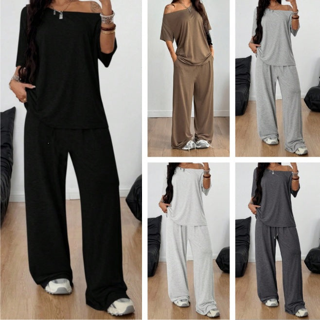 Damen Lässiges Lounge-Set aus weichem Jersey mit weiter Palazzohose und schulterfreiem Oversize-Top – Élanora