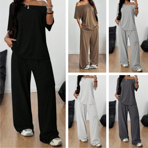 Damen Lässiges Lounge-Set aus weichem Jersey mit weiter Palazzohose und schulterfreiem Oversize-Top – Élanora