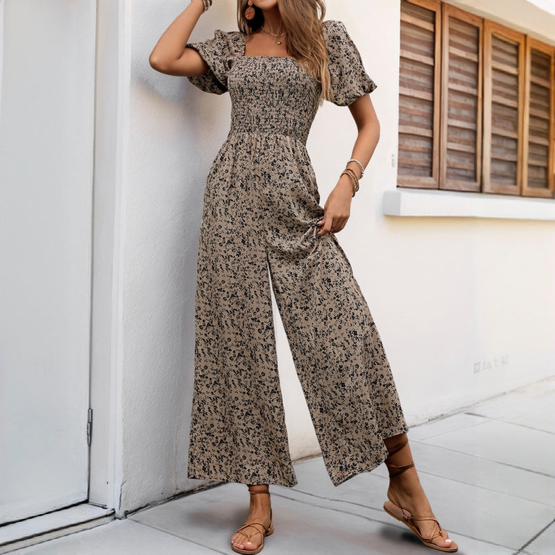 Damen Floraler Smocked-Jumpsuit mit Karree-Ausschnitt, Puffärmeln und weitem Beinschnitt Echoarchiv