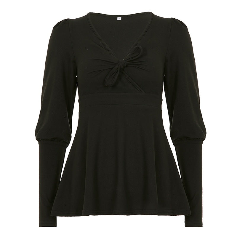 Damen Tailliertes Peplum-Top mit V-Ausschnitt, Knotendetail und Puffärmeln – Orélia